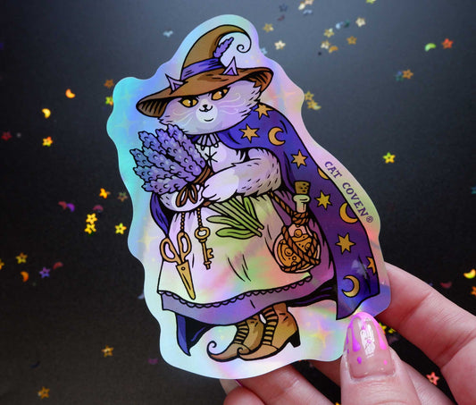 Lavender Cat Witch - Holographic Sticker - Cat Coven - The Society for Unusual Books